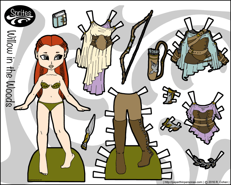 Willow In the Woods: An Elven fantasy paper doll with red hair and a six piece wardrobe. Free to print from paperthinpersonas.com