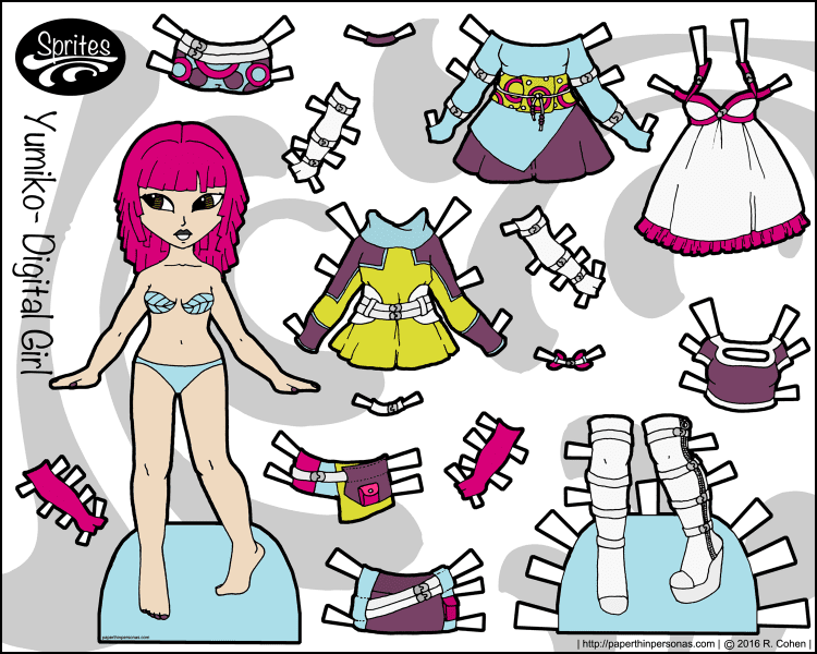 Yumiko- Digital Girl is a cyberpunk paper doll with a 12 piece wardrobe in color. Free to print from paperthinpersonas.com