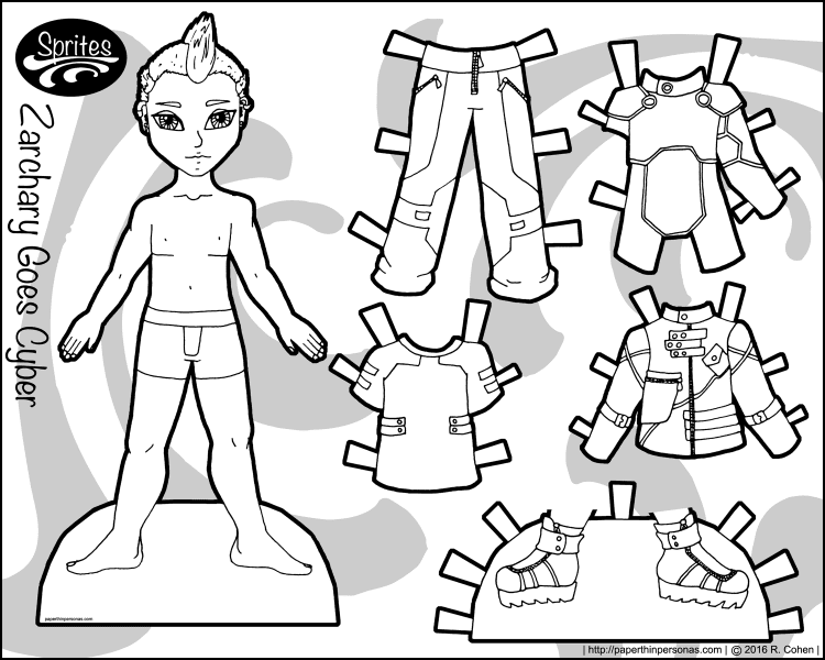 Meet Zachary, the first of my new paper doll series. Zachary is a black paper doll with a cyberpunk style. He's got a five piece wardrobe. Print and color from paperthingpersonas.com