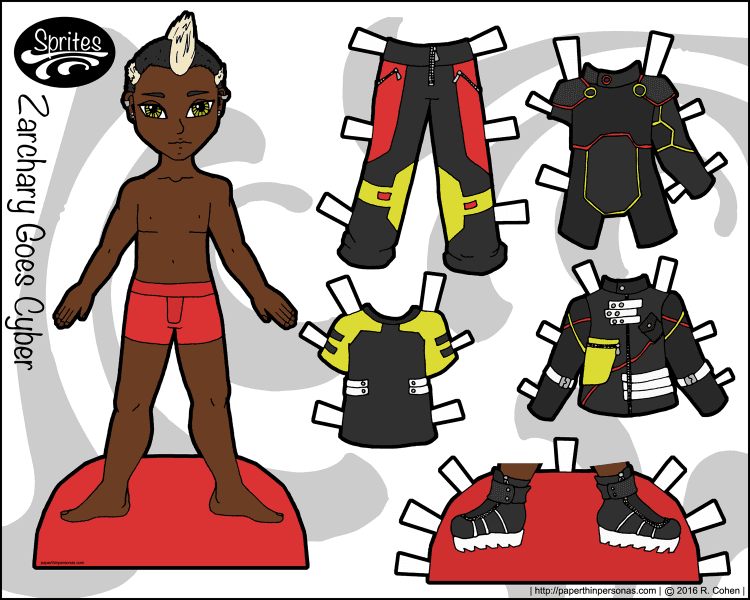 Meet Zachary, the first of my new paper doll series. Zachary is a black paper doll with a cyberpunk style. He's got a five piece wardrobe. Print from paperthingpersonas.com
