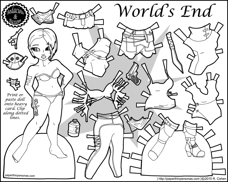 A post-apocalyptic fashion printable paper doll in black and white for coloring with a 13 piece wardrobe. She's free to print and color from paperthinpersonas.com