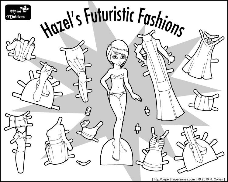 Hazel's Futuristic Fashions is a paper doll coloring sheet featuring a futuristic/sci-fi clothing. There's eleven pieces of clothing, including two pairs of boots. She's free to print from paperthinpersonas.com