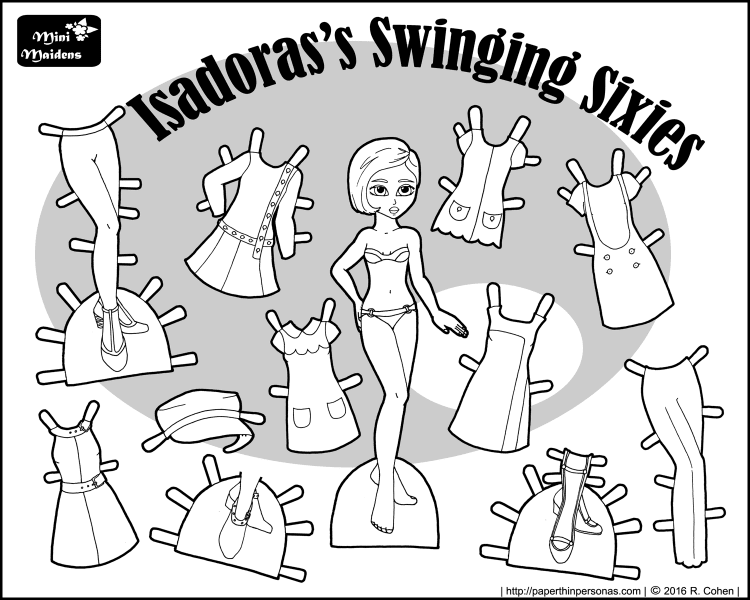One of my 1960s paper dolls, Isadora is rocking a mod wardrobe of 11 pieces. Free to print from paperthinpersonas.com