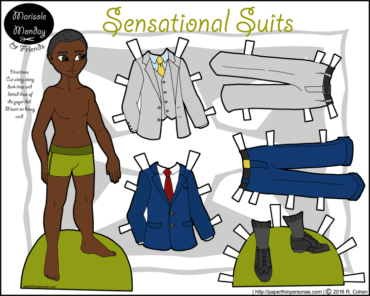 Senational Suits is a man paper doll set including a young black man and two suits- one in gray and one in navy. Free to print from paperthinpersonas.com.