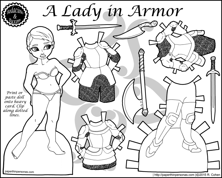 Because girl's sometimes have to rescue their princes, here's a lady knight paper doll with four pieces of mix and match armor, plus plenty of accessories. Free to print and color. From paperthinpersonas.com.