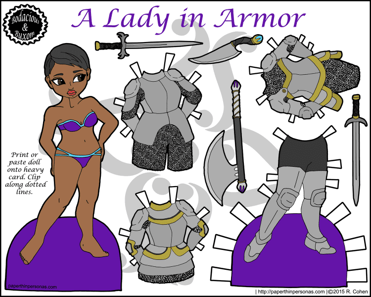 Because girl's slay dragons too, here's a female knight paper doll with four pieces of mix and match armor, plus plenty of accessories. From paperthinpersonas.com.