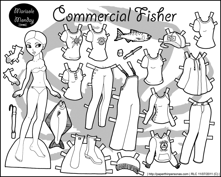 A paper doll of a commercial fisher with a 14 piece wardrobe. Free to print from paperthinpersonas.com.
