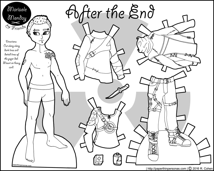 Mikhail, a guy paper doll, sporting some post-apocalyptic fashions. Free to print and color from paperthinpersonas.com.