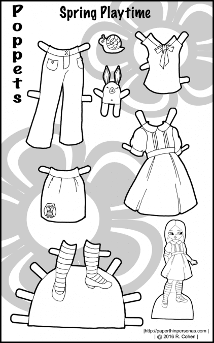 A colorful set of paper doll clothing for the Poppets! A dress, blouse, shoes, pants and a skirt, plus some fun toys in black and white. Free to print and color from paperthinprsonas.com.
