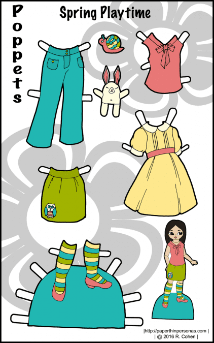 A colorful set of paper doll clothing for the Poppets! A dress, blouse, shoes, pants and a skirt, plus some fun toys. Free to print from paperthinprsonas.com.