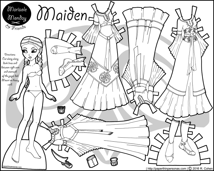 A black and white printable princess paper doll with four gowns, two pairs of shoes and some accessories. She can share clothing with a lot of my other paper dolls as well. Free from paperthinpersonas.com.