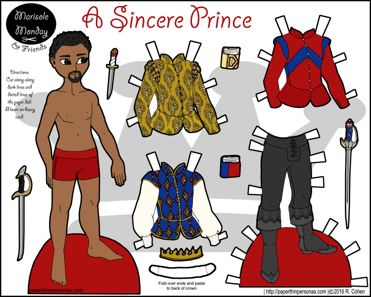 A black fairy tale prince paper doll with a four piece wardrobe. Part of the Marisole Monday & Friend's paper doll series, he can share clothing with any of the other Marisole Monday & Friend's male paper dolls. Free to print from paperthinpersonas.com.
