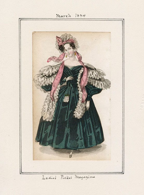 Women's fashion plate from 1834 of a dinner dress from Lady's Pocket Magazine. 