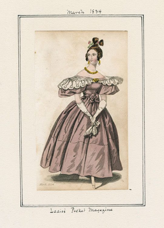 1834 fashion plate from March of an evening dress from Lady's Pocket Magazine. 