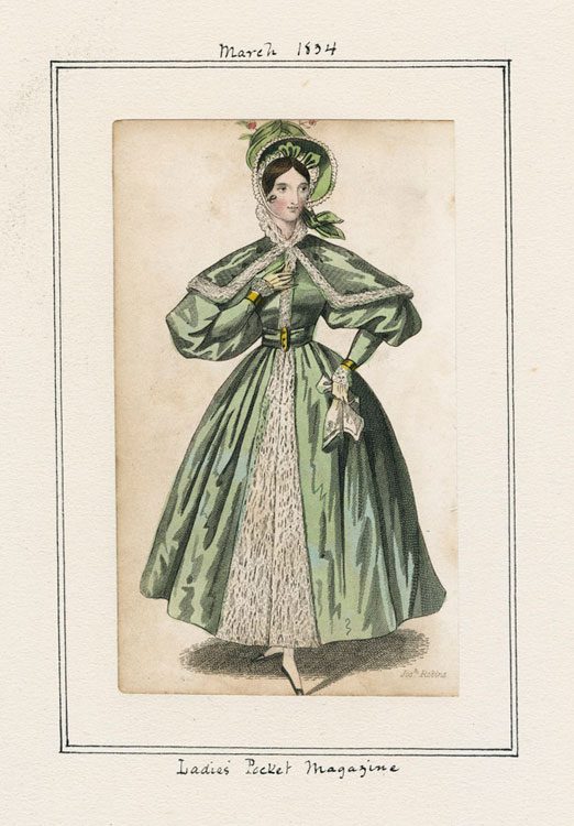 Women's fashion plate from 1834 of a walking dress from Lady's Pocket Magazine. 