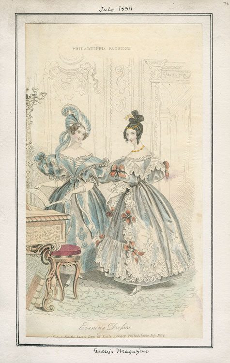 Two evening gowns from 1834. Originally published in Godey's Lady's Book. 