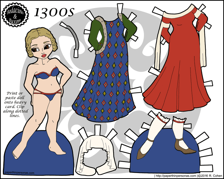 A 1300s fashion paper doll with a five piece wardrobe. Free to print from paperthinpersonas.com. 