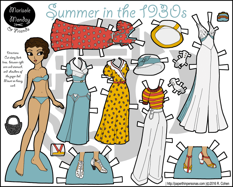 A printable paper doll celebrating the 1930s with a five piece wardrobe, hats and accessories. Free to print from paperthinpersonas.com. 