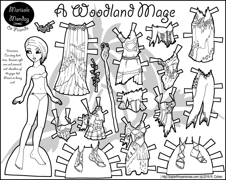 A woodland mage or perhaps a woodland fairy paper doll with a mix and match wardrobe. 