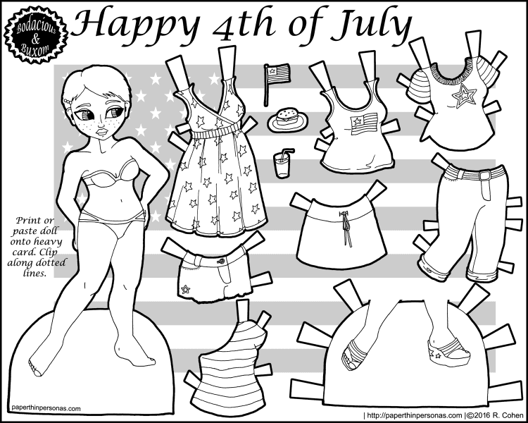 A 4th of July printable paper doll with short dark hair and brown skin. She has a 8 piece wardrobe. Free to print from paperthinpersonas.com. 
