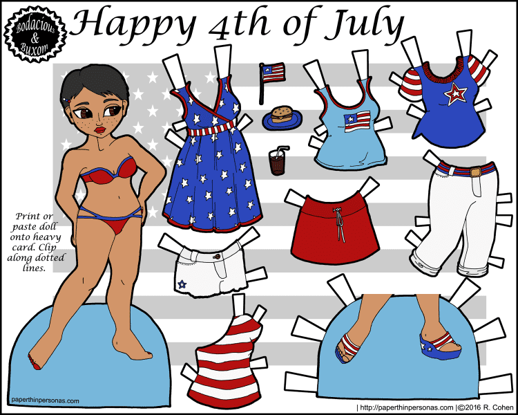 A 4th of July printable paper doll with short dark hair and brown skin. She has a 8 piece wardrobe. Free to print from paperthinpersonas.com. 