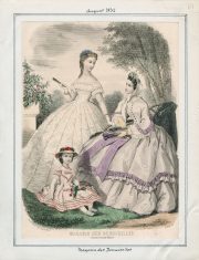 Fashion plate from Casey fashion plate collection from August 1862 featuring two women and a child.