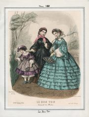 Fashion plate from Le Bon Ton dated May 1869. Originally found on the Casey Fashion Plate index.