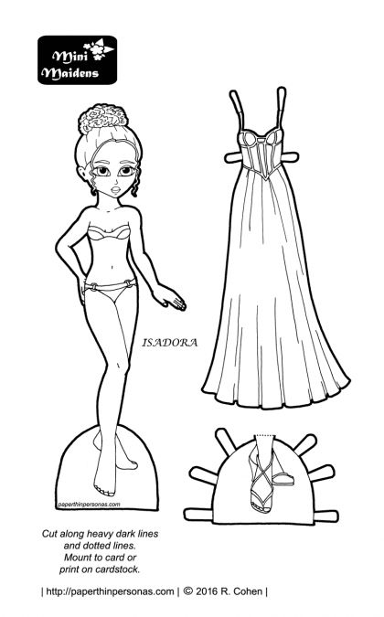 A prom paper doll set including a doll and a prom dress in black and white for coloring. 