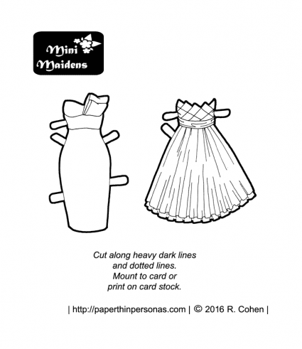 Two short prom dresses for the Mini-Maidens paper dolls. Print and color from paperthinpersonas.com