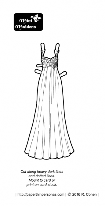 A prom dress for a paper doll with a wrap bodice and some beading detail. This dress fits any of the MIni-Maiden paper dolls and it's free from paperthinpersonas.com.