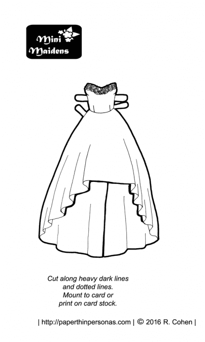 A paper doll prom dress for the Mini-Maiden series featuring a high-low hem and some beaded details. From paperthinpersonas.com.