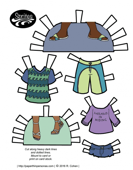 A set of paper doll clothing for the beach! Designed for the Sprites paper doll series and also available in black and white for coloring.
