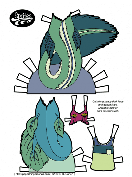 Mermaid tails and tops for the Sprites paper doll series. Also available in black and white. Free to print from paperthinpersonas.com