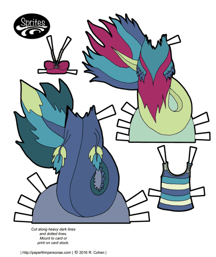 A pair of paper doll mermaid tails with tops for the Sprite paper doll series. Also available in black and white. Free to print from paperthinpersonas.com.