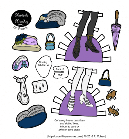 Edwardian paper doll accessories including shoes, hats, purses, furs, gloves and a parasol. Who doesn't need a parasol? Free to print for the Marisole Monday & Friends paper doll series from paperthinpersonas.com.
