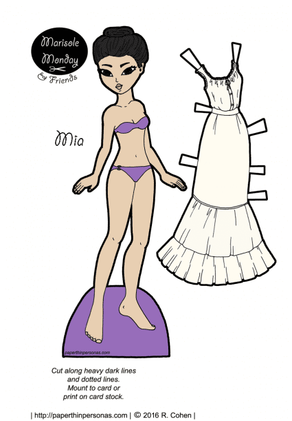 An Asian American paper doll with a set of Edwardian underwear. Also available in black and white for coloring from paperthinpersonas.com.