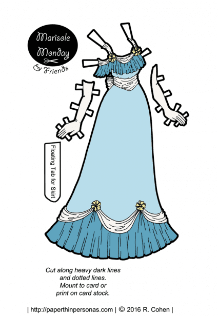 A pale blue and yellow Edwardian paper doll dress. Also available in black and white for coloring. Free to print from paperthinpersonas.com.