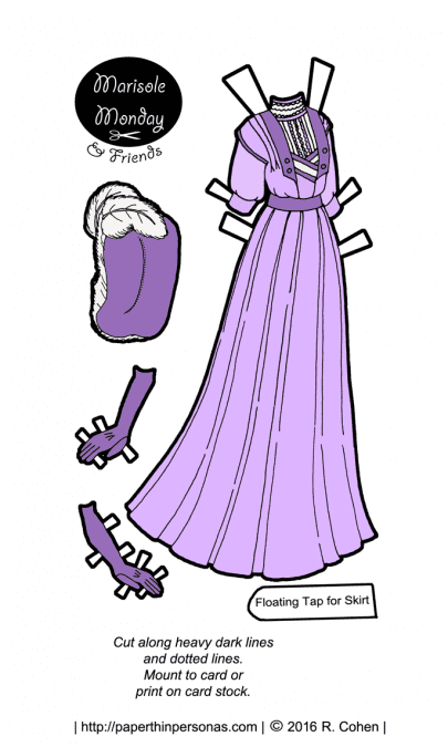 A lavender paper doll promenade dress from the Edwardian era. Also available in black and white for coloring from paperthinpersonas.com.