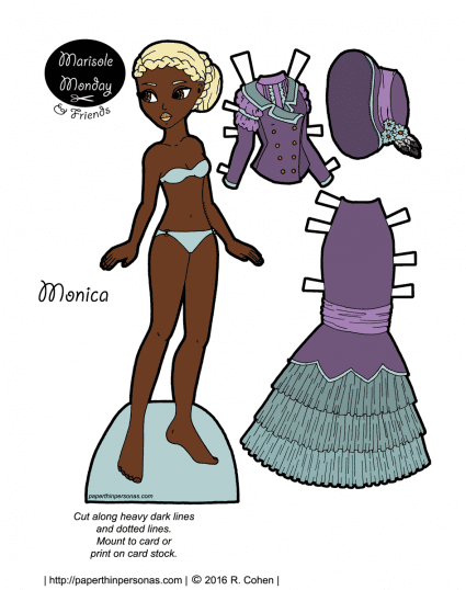 Monica, an african-american neo-victorian paper doll with her walking suit. Also available in black and white for coloring. From paperthinpersonas.com.
