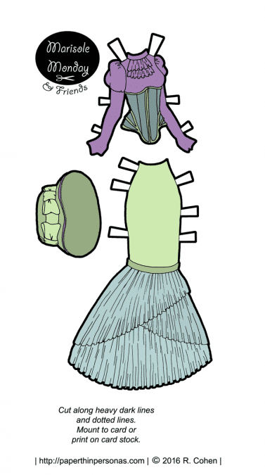 A neo-victorian morning dress or house dress with a hat designed for the Marisole Monday & Friends paper doll series. 