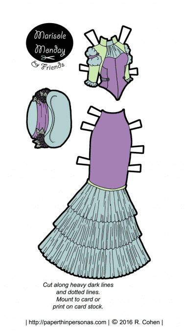 Printable paper doll steampunk inspired dress with a matching hat. Also available in black and white for coloring from paperthinpersonas.com.