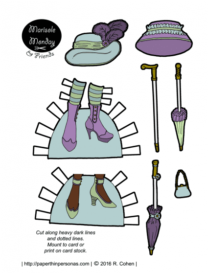 Printable paper doll accessories including shoes and hats! Also available in black and white. From paperthinpersonas.com.