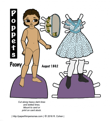 A paper doll with a dress from August 1862, boots and a hat from paperthinpersonas.com. Part of a week of civil war children's clothing designs for the Poppets paper doll series.