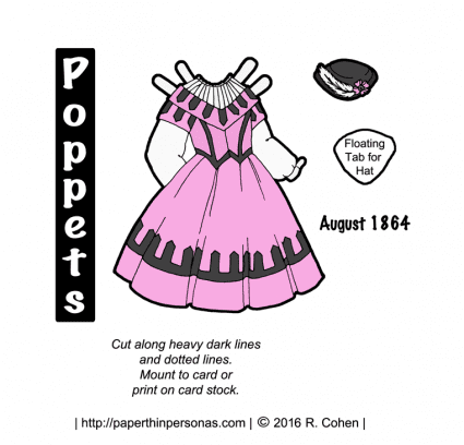 Poppets paper dolls dress with pink and black color scheme from August of 1864. From paperthinpersonas.com.