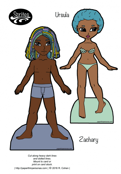 A pair of black paper dolls with blue hair and multi-colored dreadlocks.