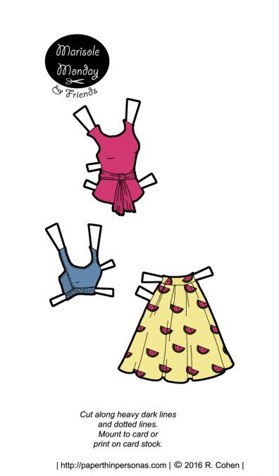 A watermelon skirt with two matching tops for a printable paper doll. Free to print from paperthinpersonas.com.