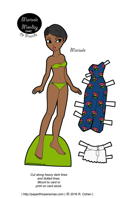 A young fashionable black woman with some summer clothes- a jumpsuit and shorts. She can wear any of the clothing from the Marisole Monday & Friend's paper doll series.