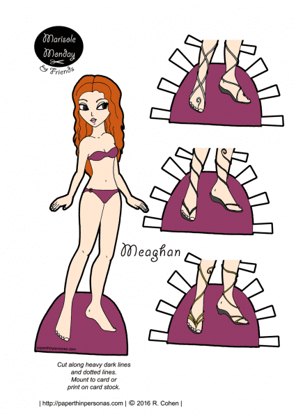 A redheaded paper doll with three pairs of fantasy sandals. She is part of the Marisole Monday & Friends series and can wear any of their clothes or shoes.
