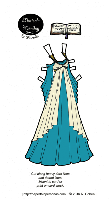A paper doll fantasy dress design in teal and cream. It fits the Marisole Monday & Friend's paper dolls.