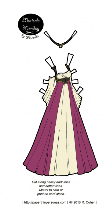 An elgant paper doll fantasy gown with a matching circlet. Deisgned to fit the Marisole Monday & Friends paper doll series. Free to print from paperthinpersonas.com.